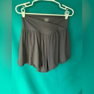 Charcoal Gray Feminine Skirted Athletic Shorts with Crossover Waistband